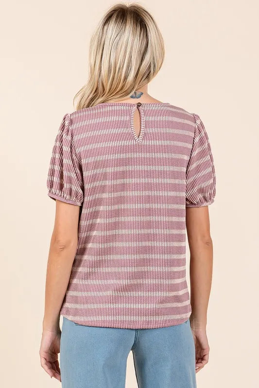 Mittoshop Contrast Striped Short Puff Sleeve Knit Top