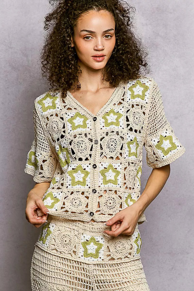 POL Button Front V-Neck Crochet Cardigan with Contast Star