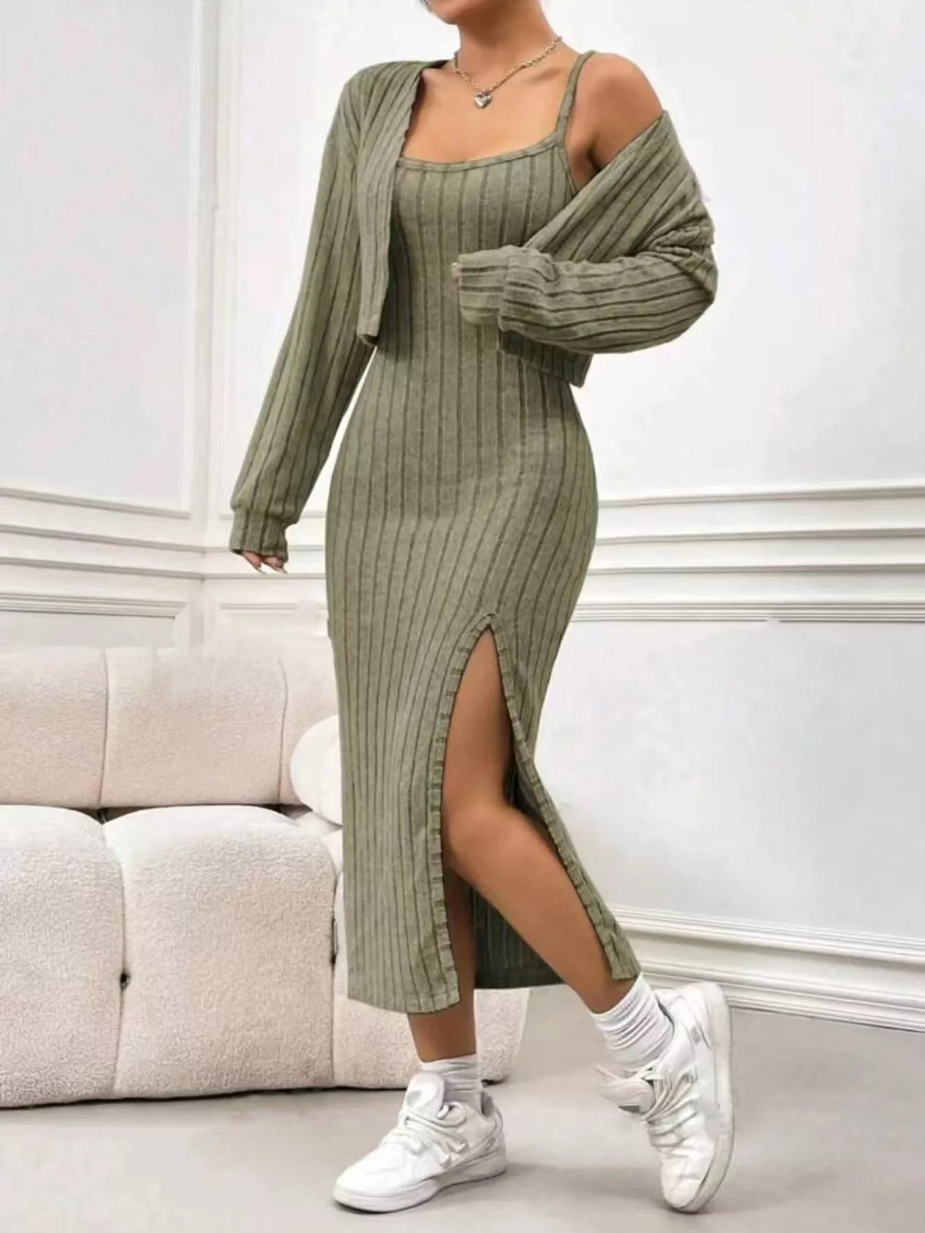 Ribbed Knit Cami Dress & Cardigan Set