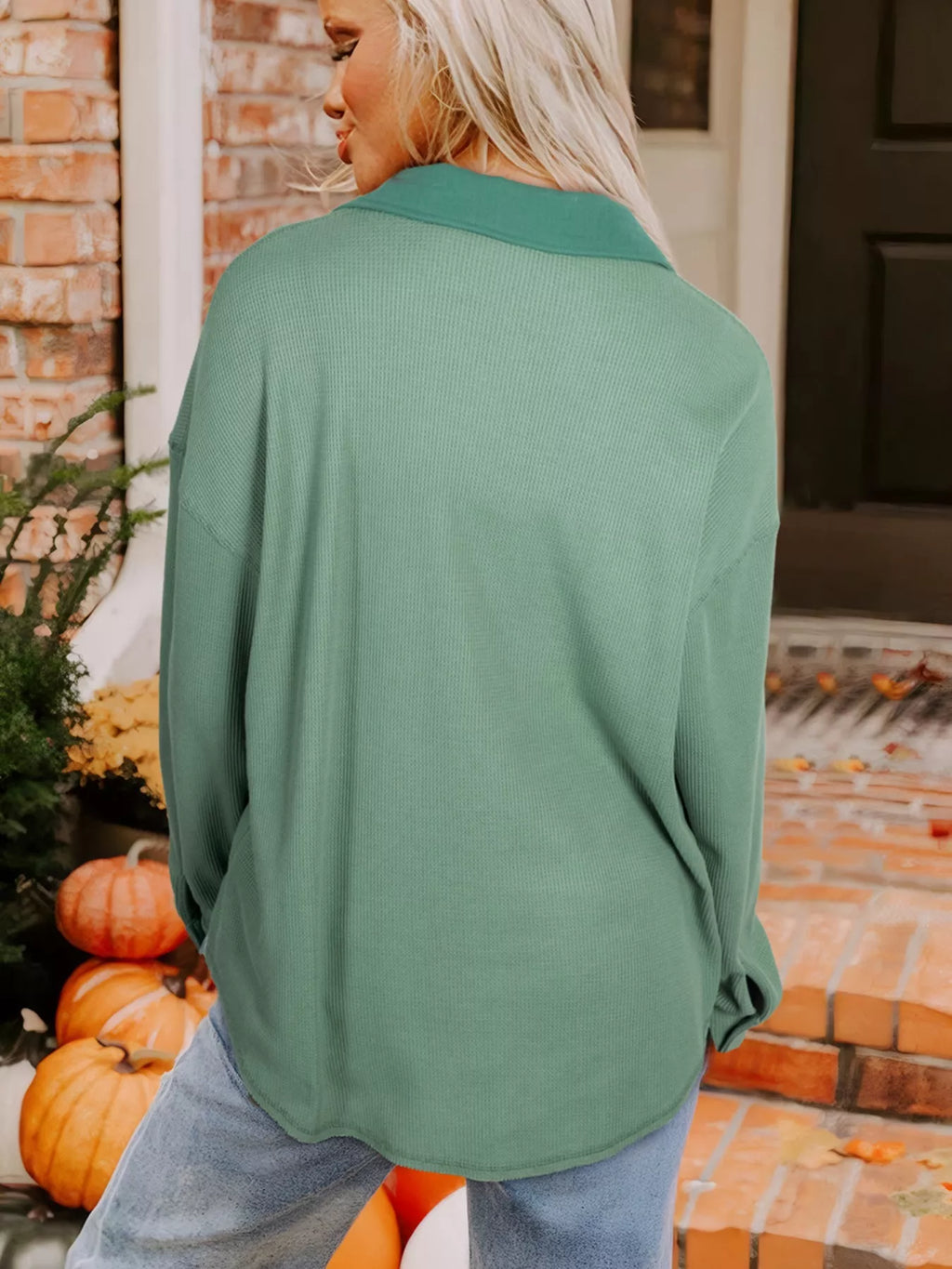 Waffle Knit Vintage Patchwork Button Up Loose Shirt