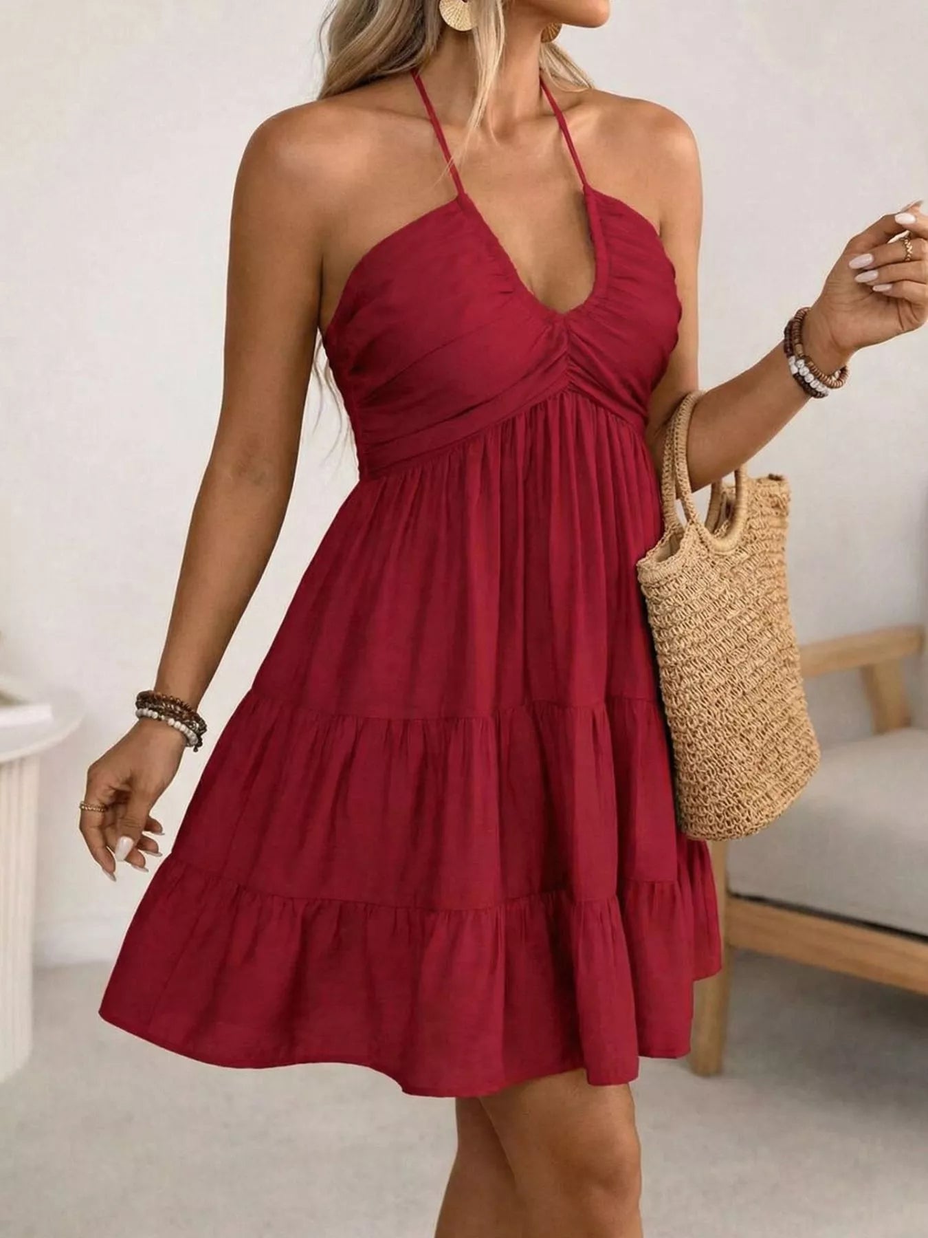 Plus Size Halter Neck Tiered Ruffle Hem Mini Dress