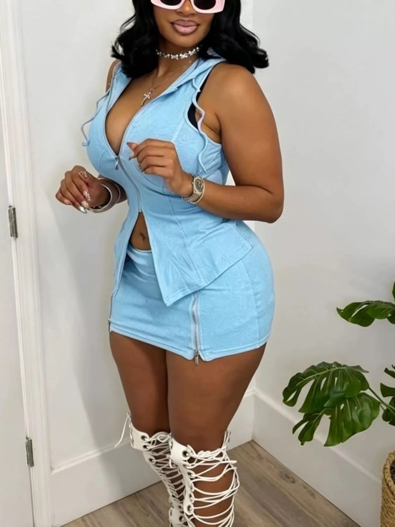 Hooded Zippered Sleeveless Top and Skirt Set