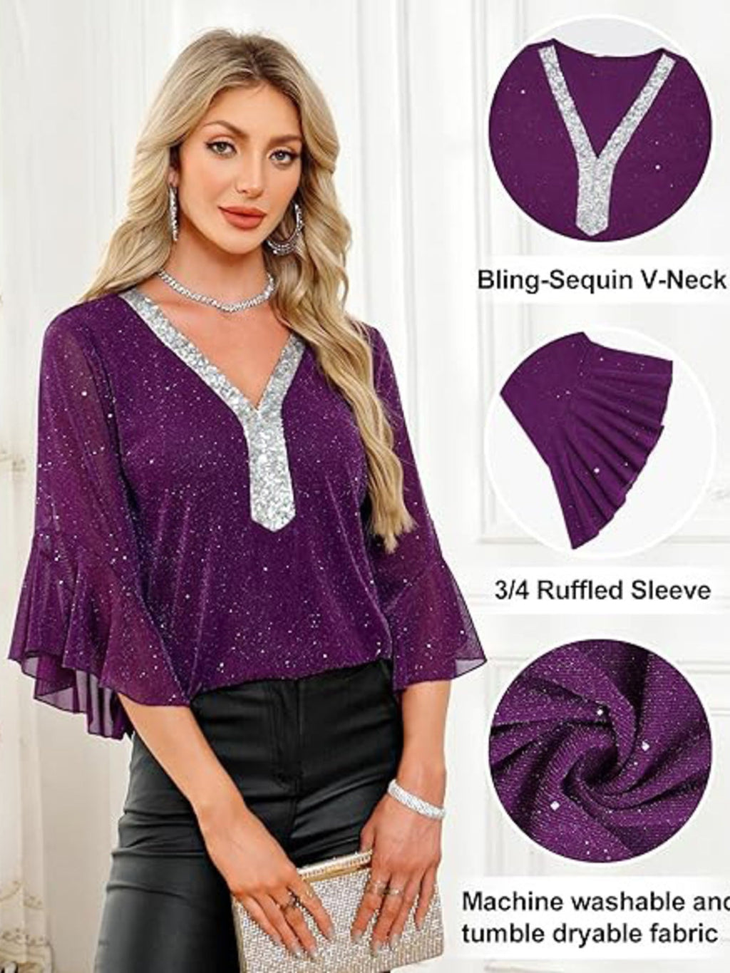 Sequin V-Neck Flounce Sleeve Blouse