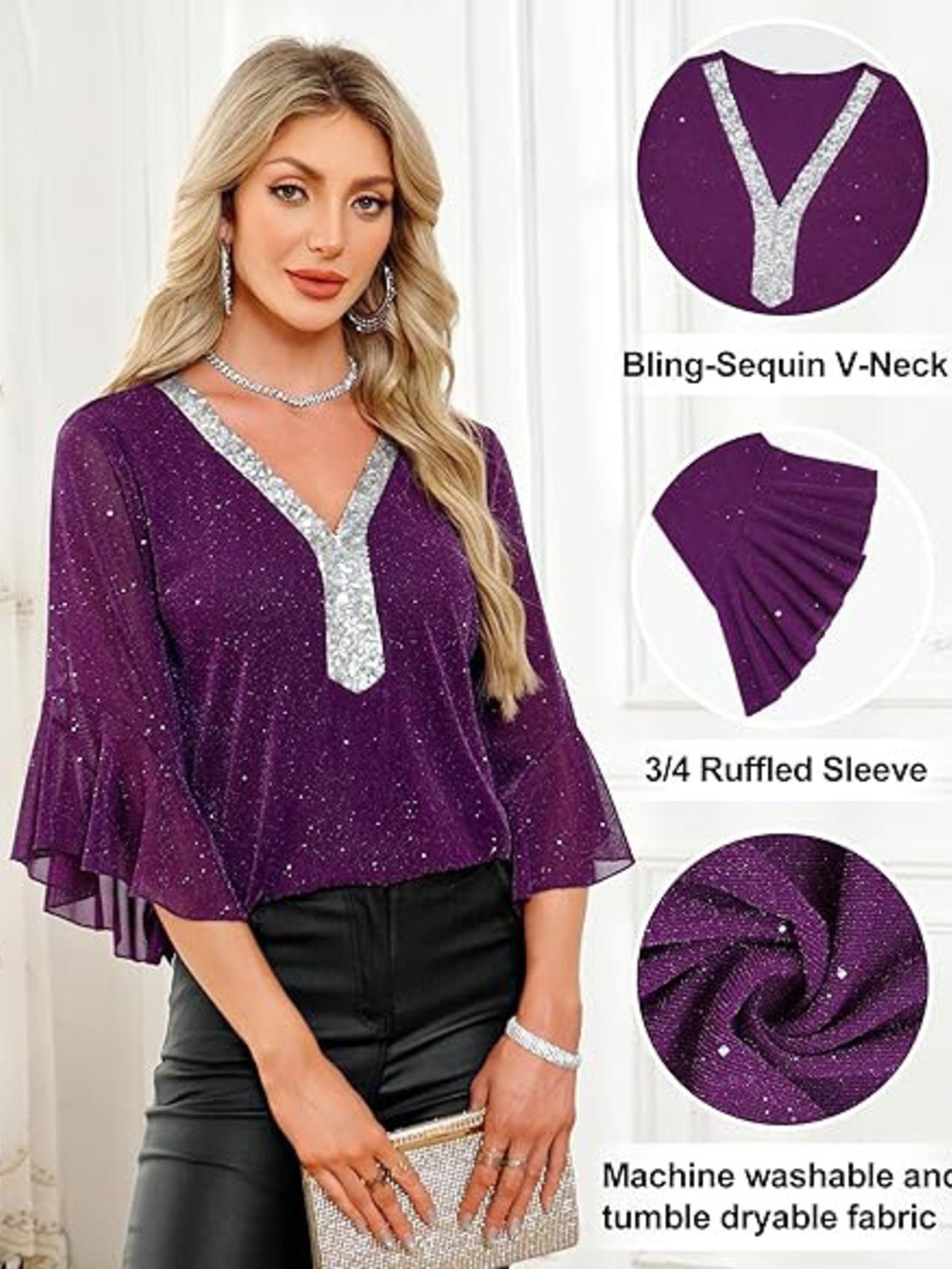 Sequin V-Neck Flounce Sleeve Blouse