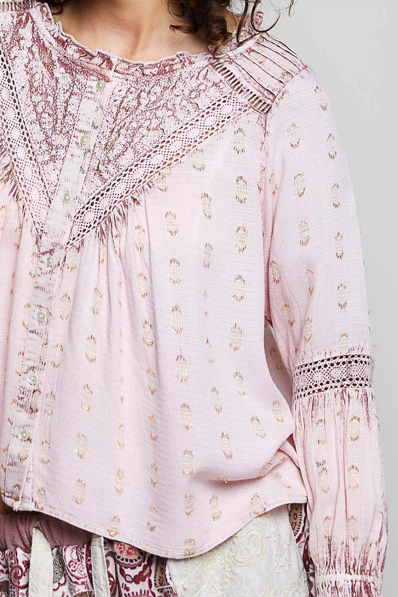 POL Mixed-Pattern Lace Detail Blouse
