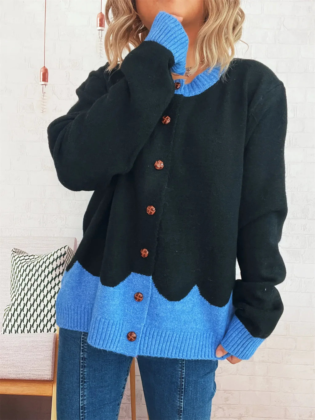 Button-Front Contrast Trim Cardigan