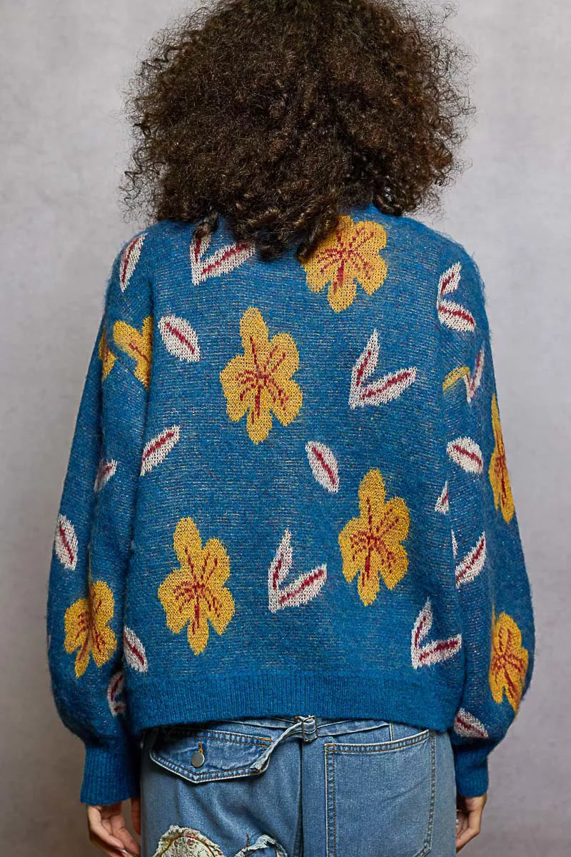 POL Floral Pattern Round Neck Balloon Sleeve Sweater