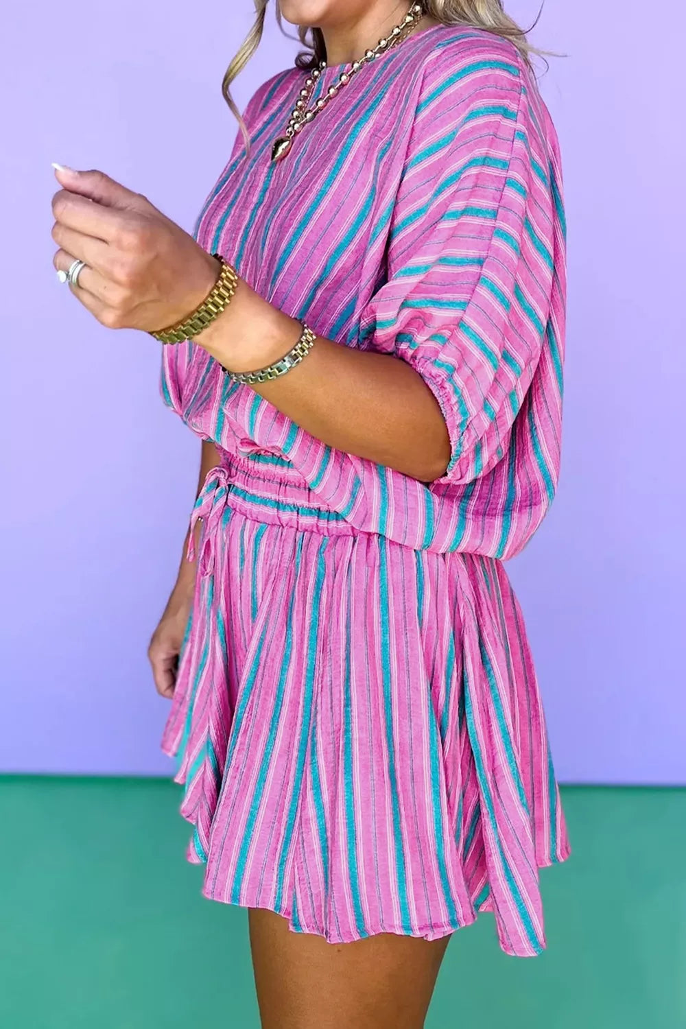 Stripe Dolman Short Sleeve Blouse Drawstring Elastic Waist Loose Short Set