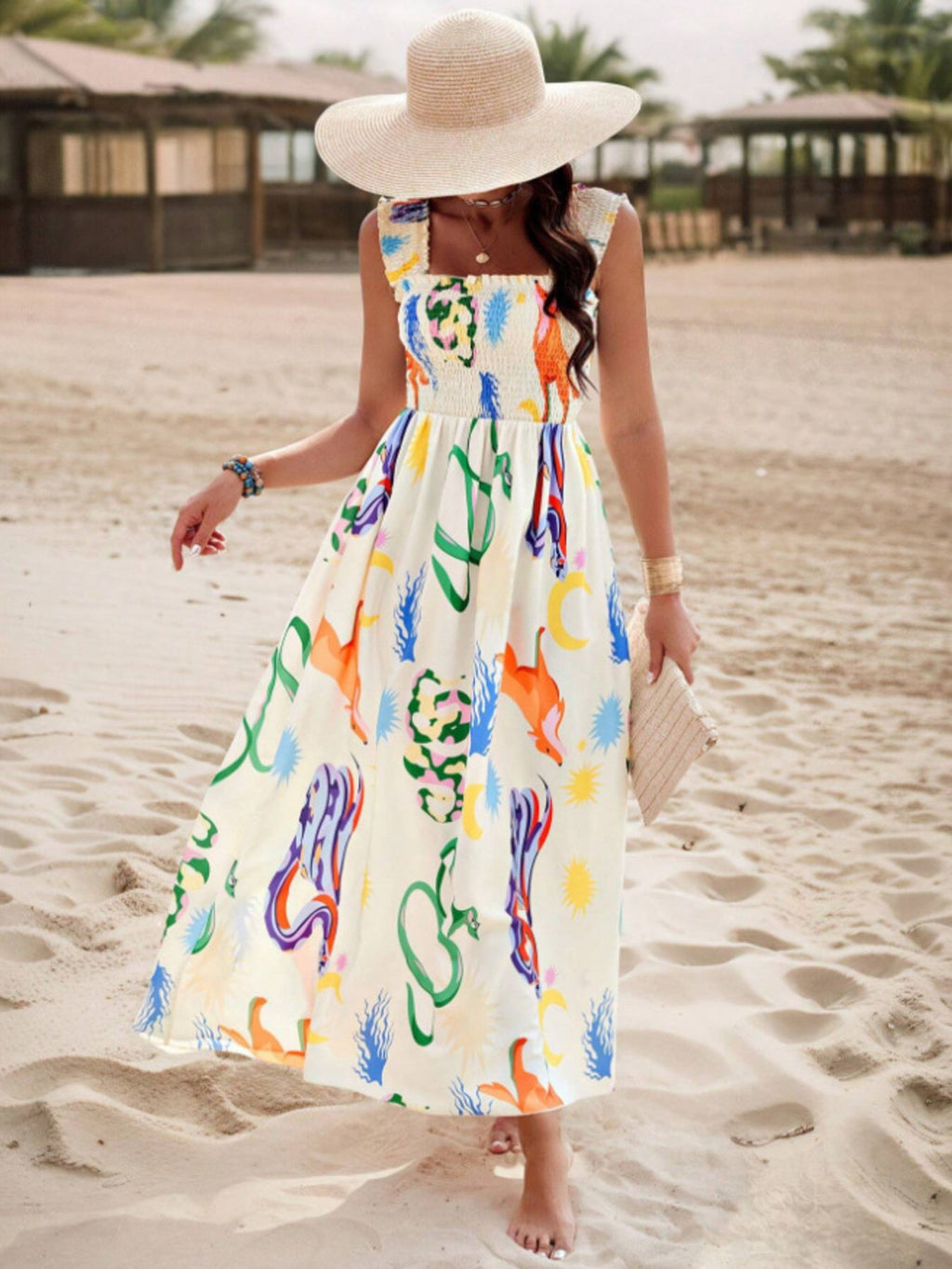 Smocked Bodice Colorful Print Tank Dress
