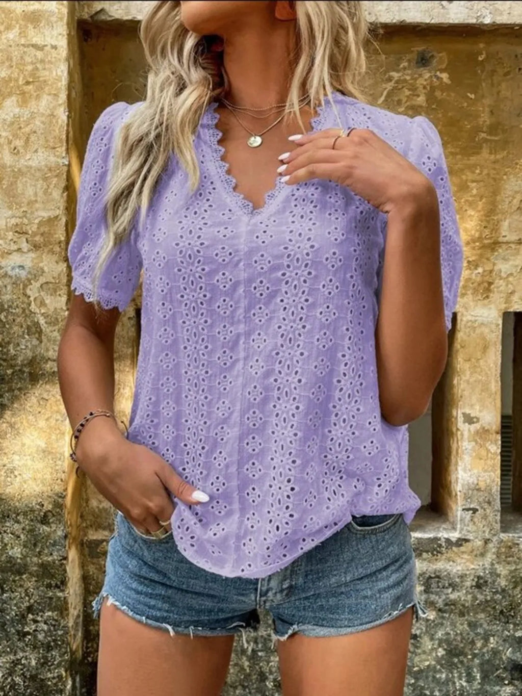 Full Size Eyelet V-Neck Short Sleeve Blouse Plus Size