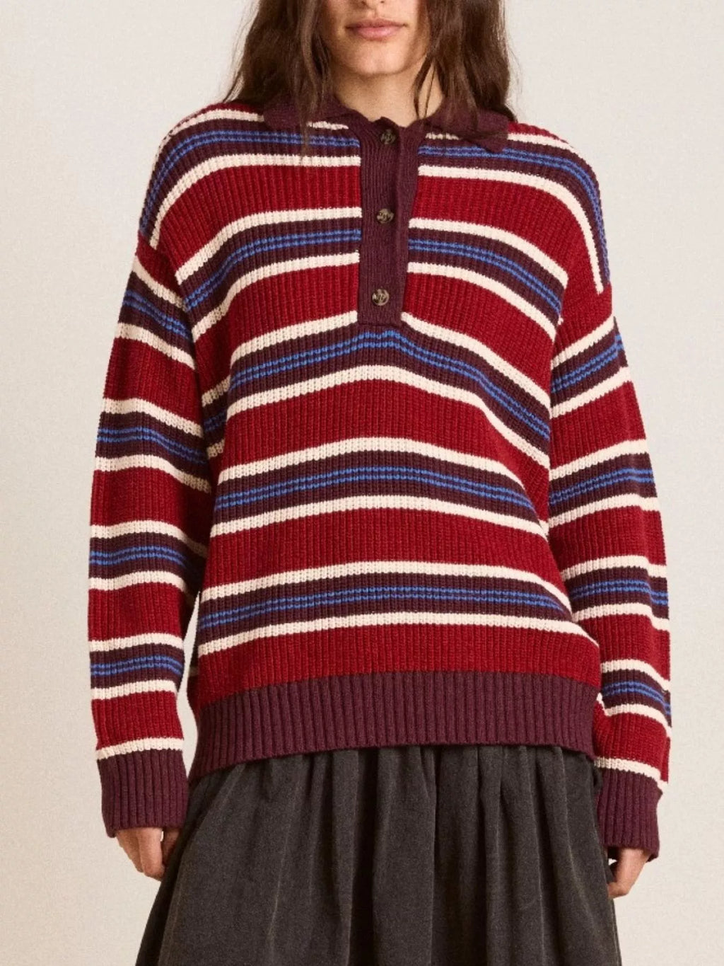 Striped Button Detail Polo Collar Sweater