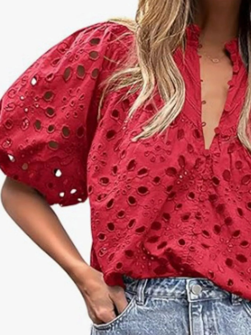 Eyelet Embroidered Puff Sleeve Blouse