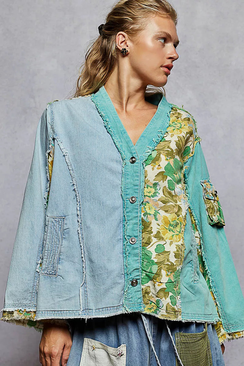 POL Button Down Floral V-Neck Long Sleeve Raw Hem Top