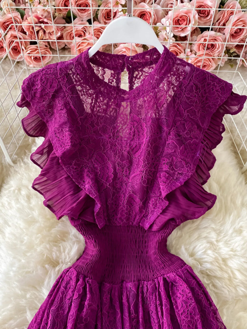 Ruffled Mock Neck Lace Maxi Dress
