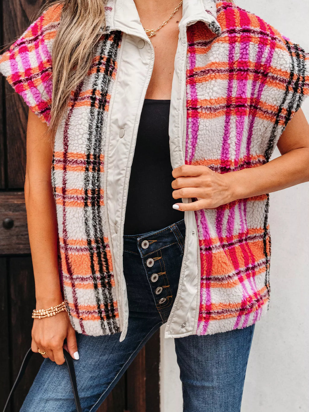 Sherpa Plaid Snap Down Vest Coat