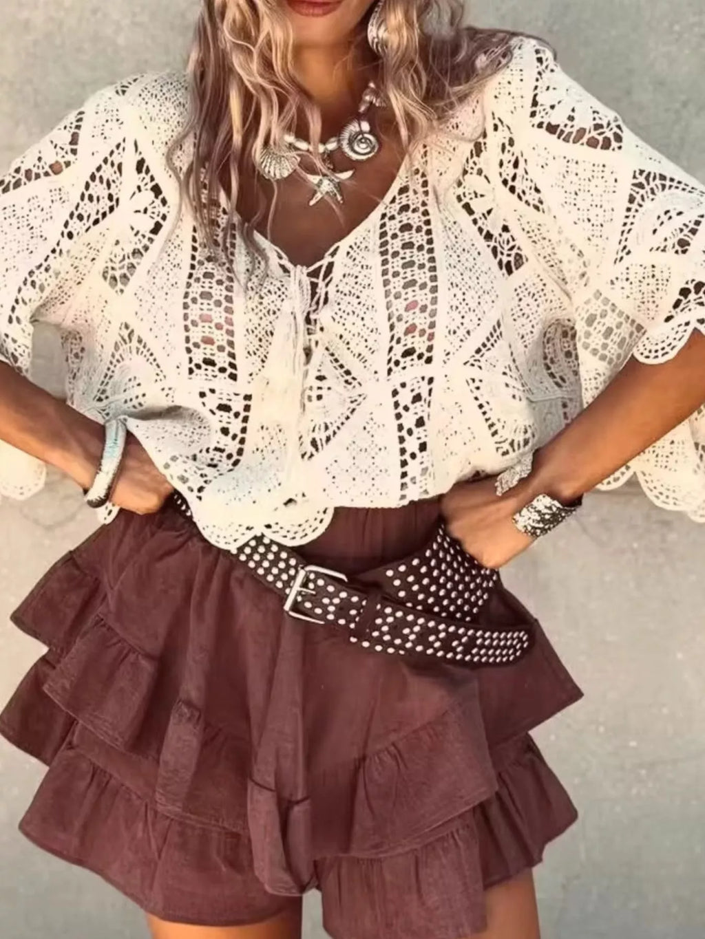 Tassel V-Neck Crochet Knit Top