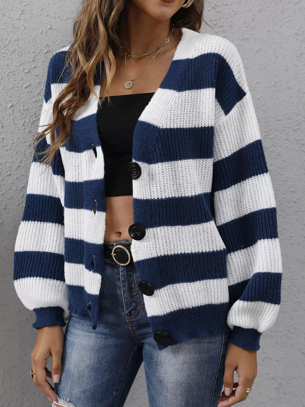 Striped Button-Up Long Sleeve Cardigan