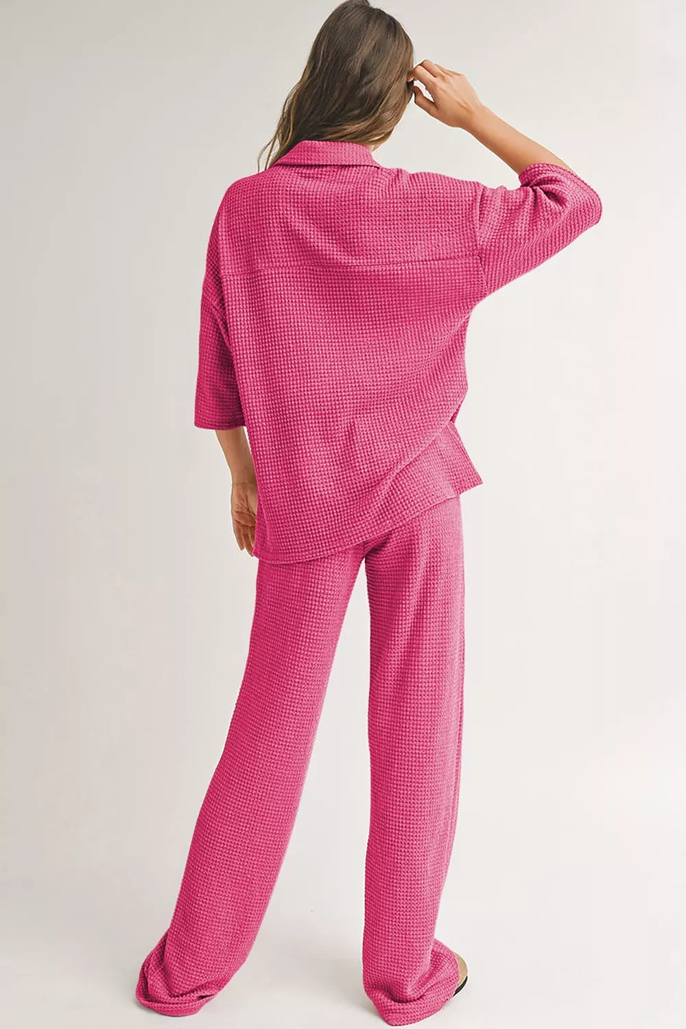 Solid Color Textured Buttoned Shirt and Casual Pants Set