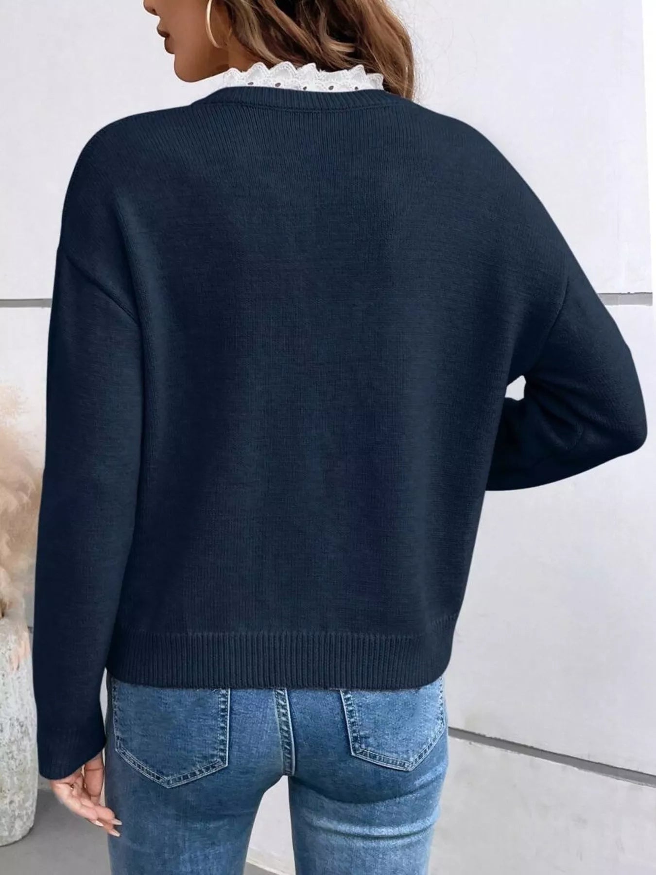 Lace Trim Notched Long Sleeve Sweater