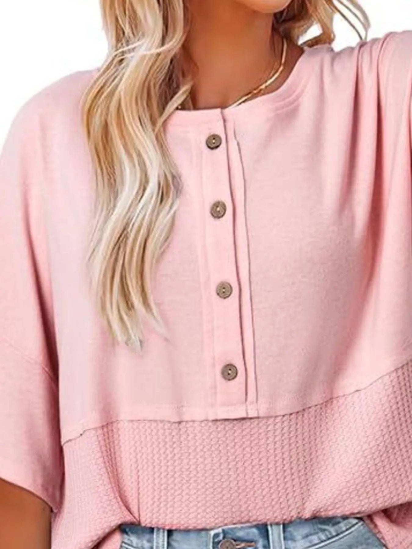 Button Detail Texture Knit T-Shirt