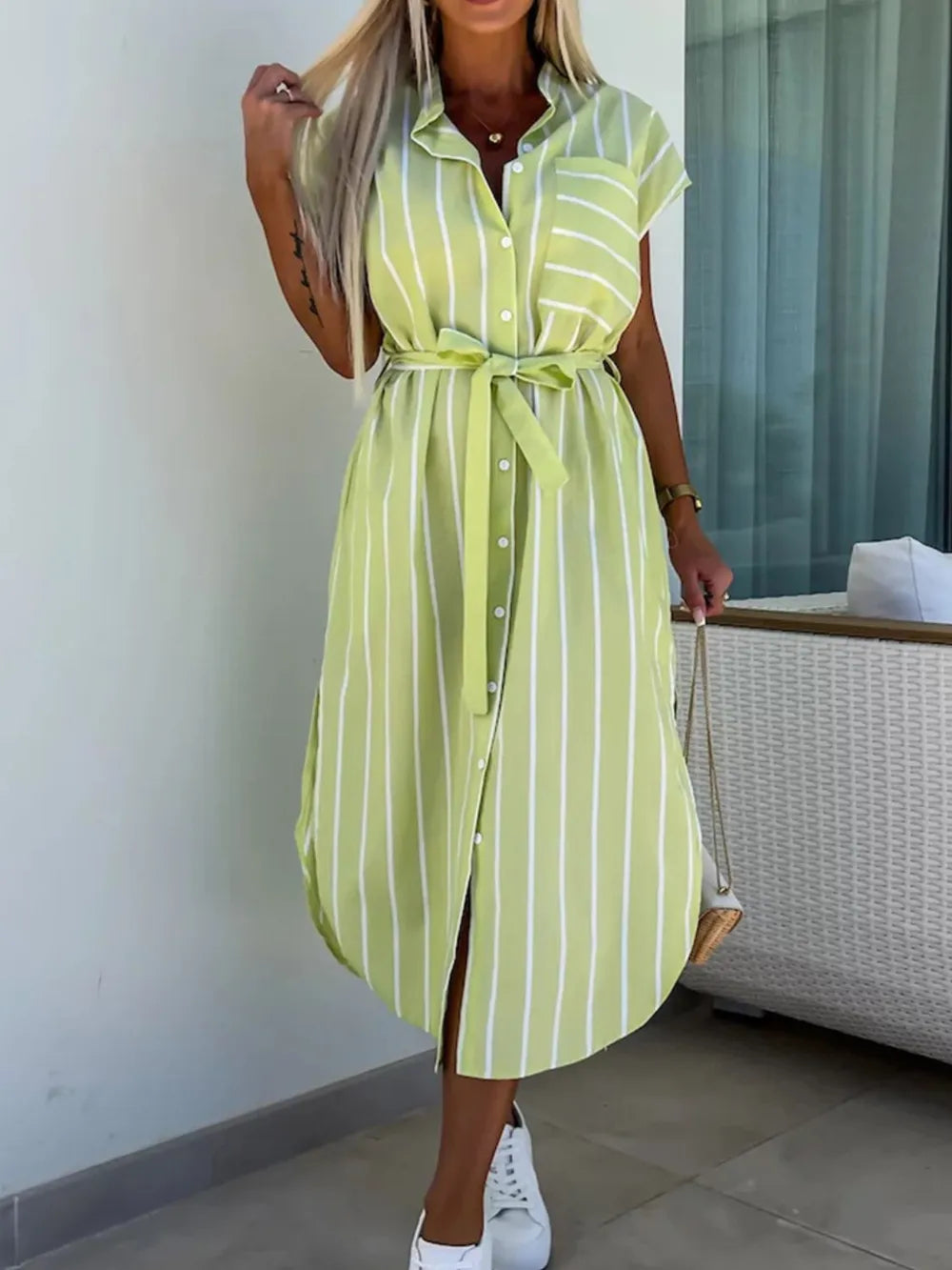 Striped Tie Waist Short Sleeve Dress