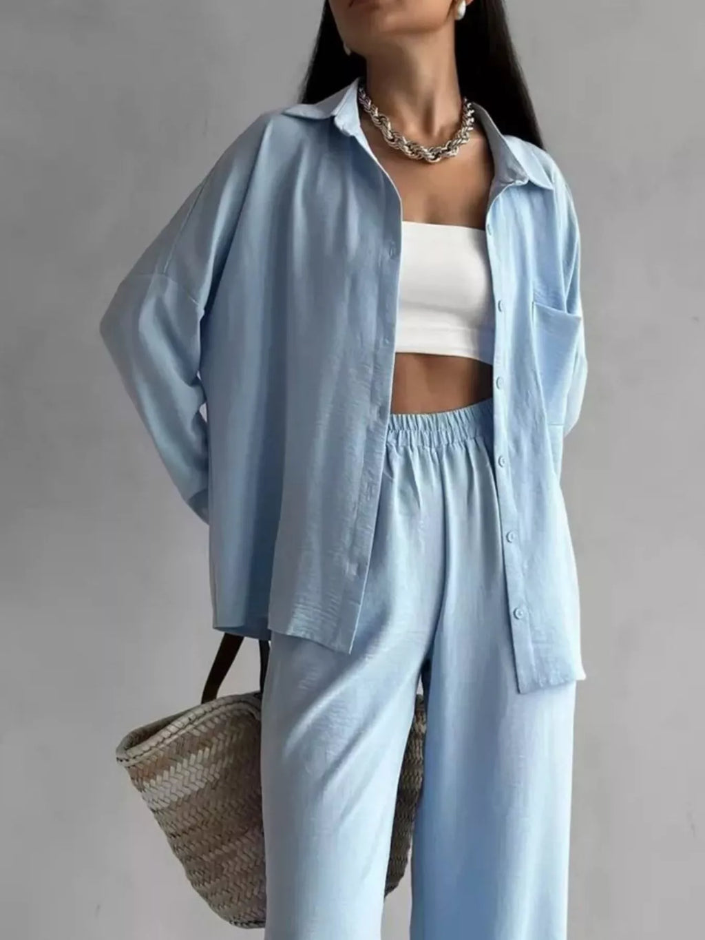 Relaxed Fit Shirt and Wide Leg Pants Set