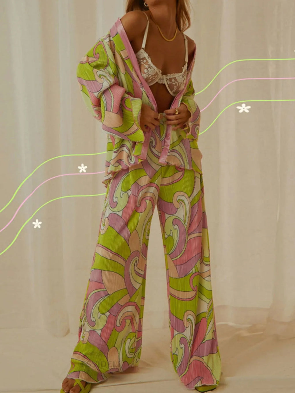 Printed Button Up Shirt and Pants Set
