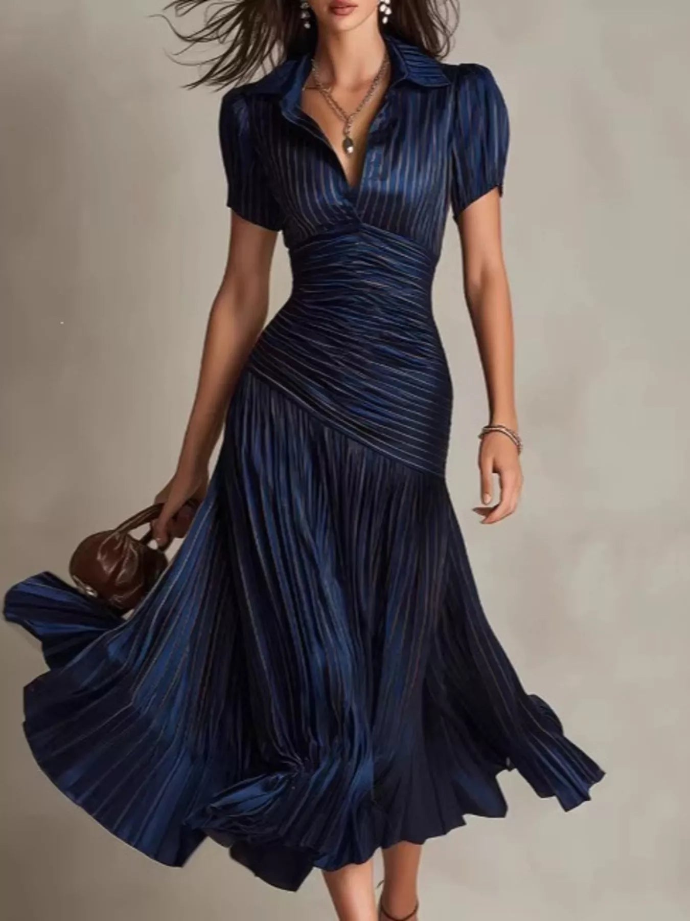 Pleated Striped Short Sleeve Midi Dress