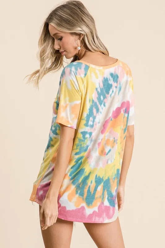 BiBi Tie Dye Print Short Sleeve T-Shirt with Raglan Sleeves
