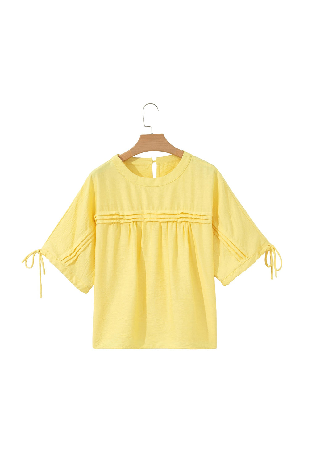 Solid Pleated Tie Sleeve Babydoll Blouse