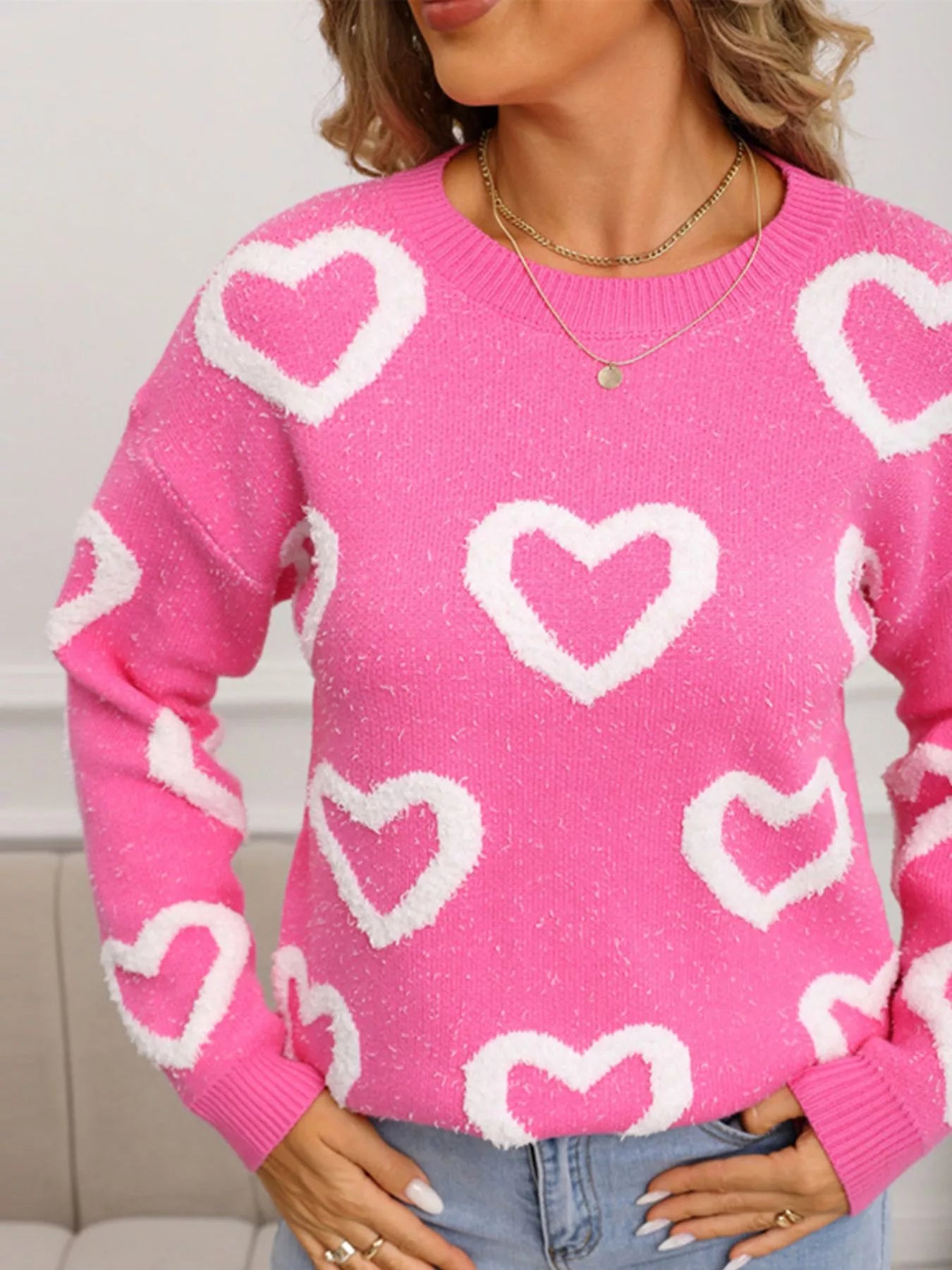 Valentine's Day Heart Pattern Round Neck Sweater
