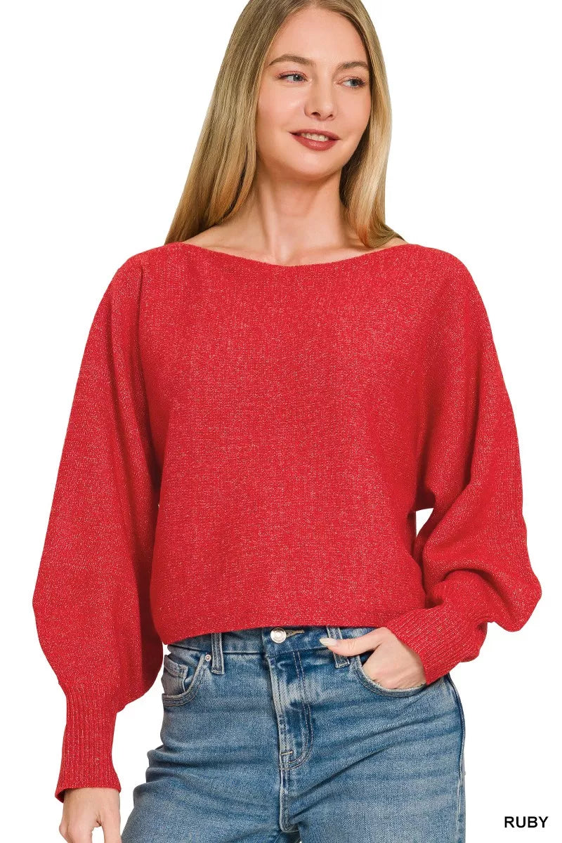 Zenana Boat Neck Balloon Sleeve Sweater