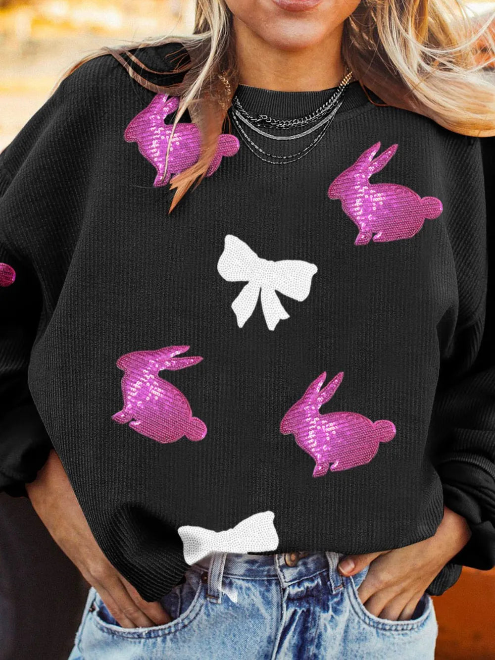Sequin Bunny Bow Easter Corded Rib Sweatshirt