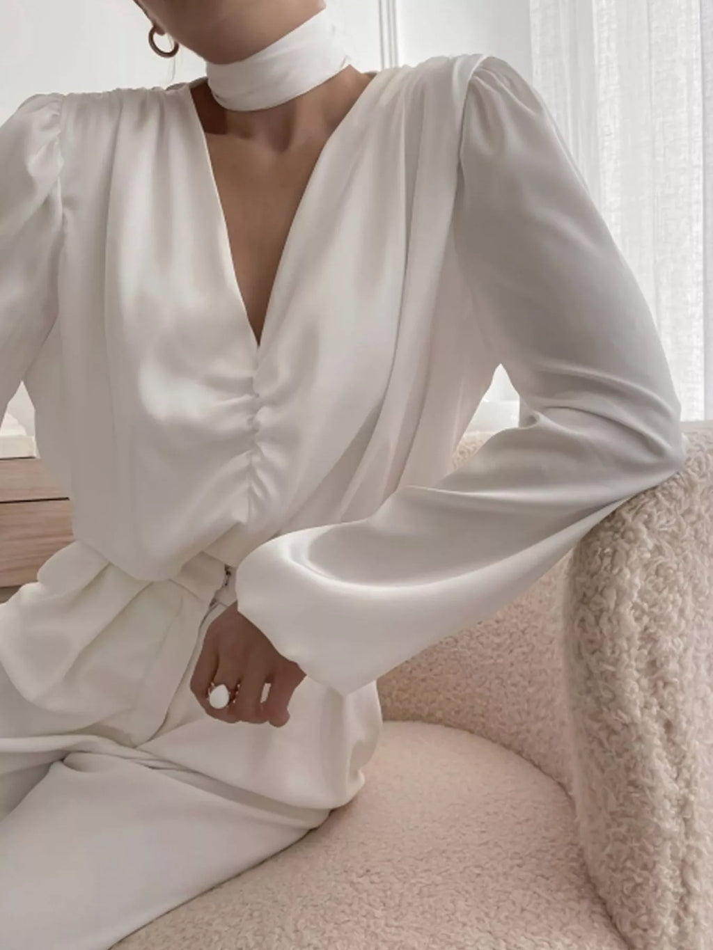 V-Neck Ruched Long Sleeve Blouse
