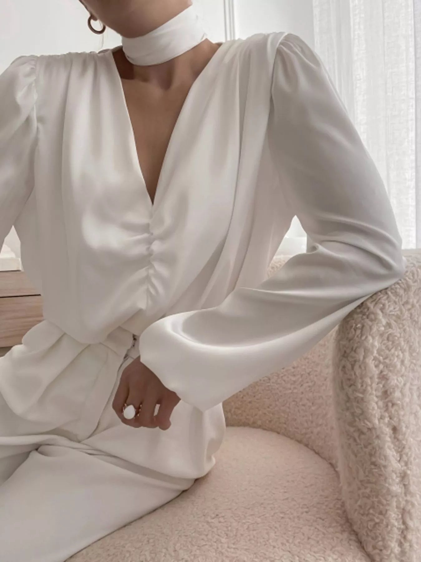 V-Neck Ruched Long Sleeve Blouse
