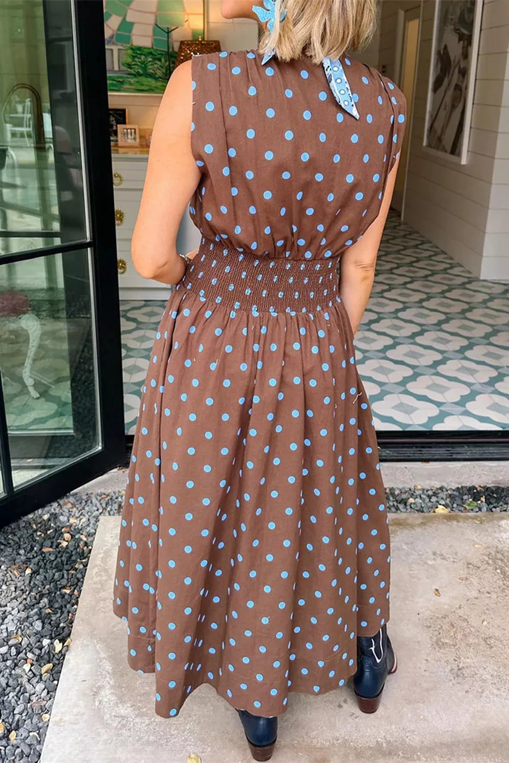 Polka Dot Zipper Front Midi Dress