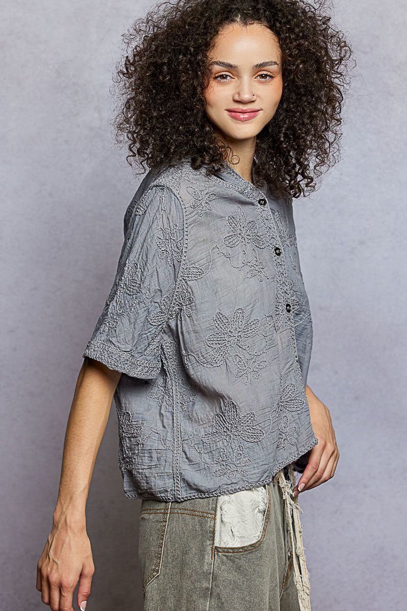 POL Button Front Floral Stitching Breathable Hooded Shirt