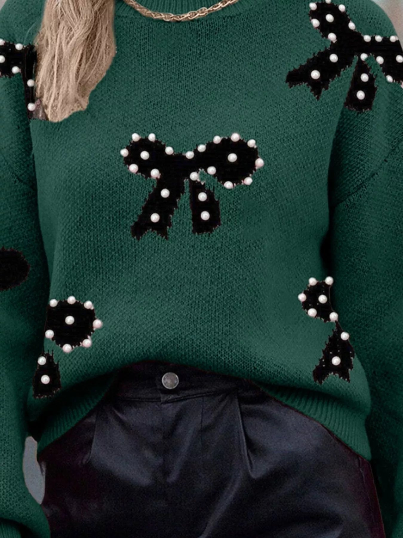 Pearl Bow-Embellished Long Sleeve Sweater