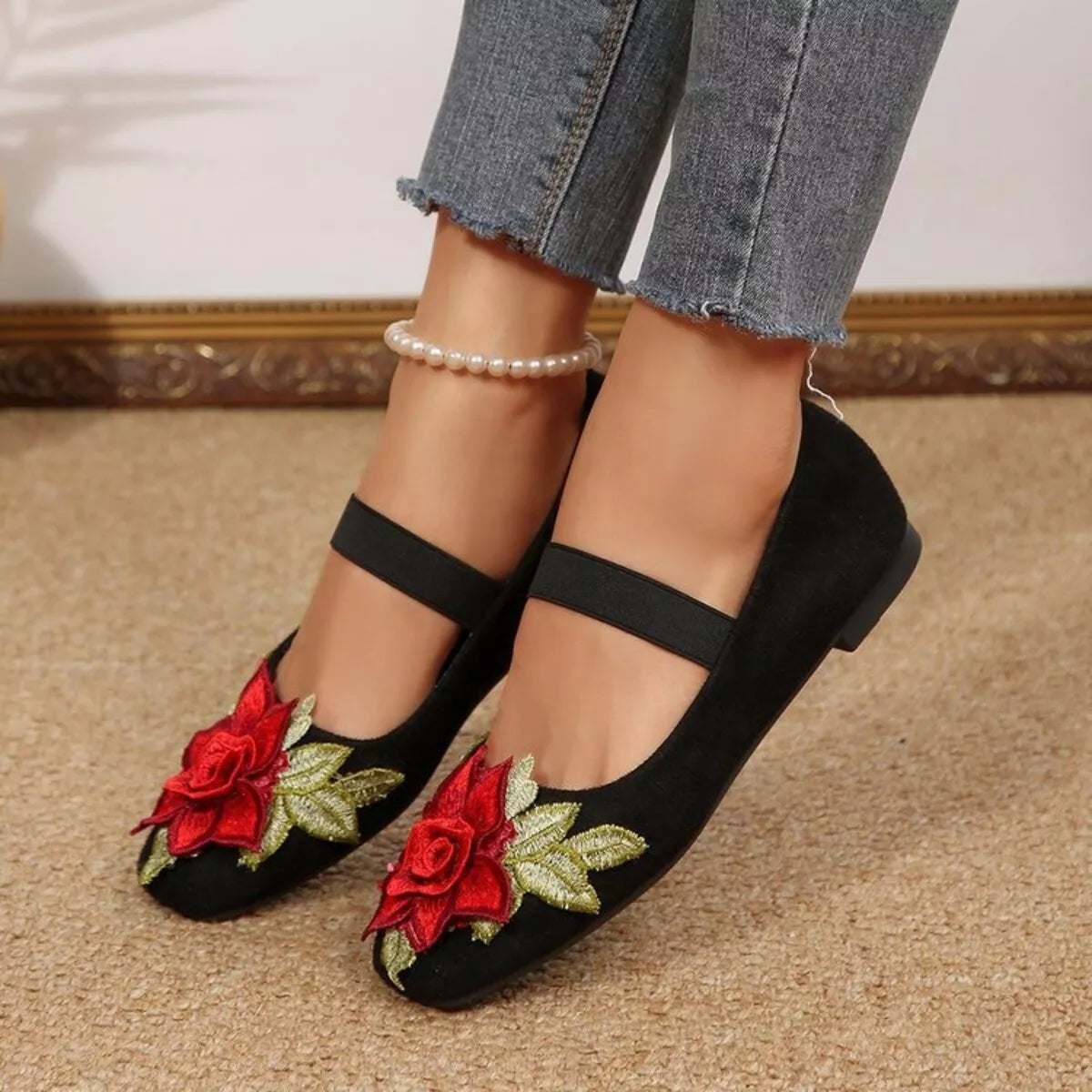 Flower Square Toe Slip-Ons