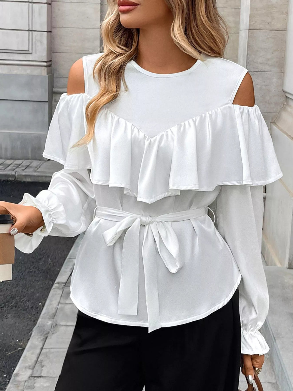 Ruffled Cold Shoulder Flounce Sleeve Blouse