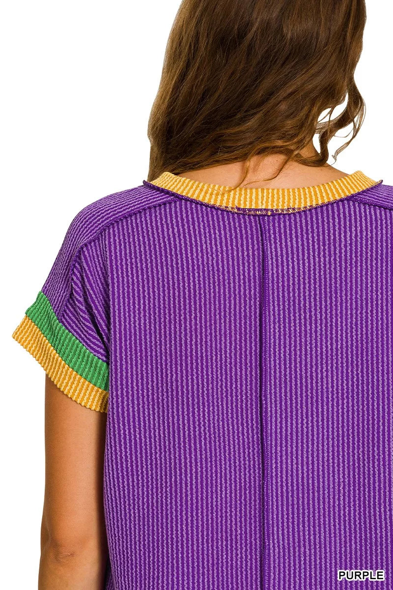 Zenana Mardi Gras Raised Rib Contrast Trim Top