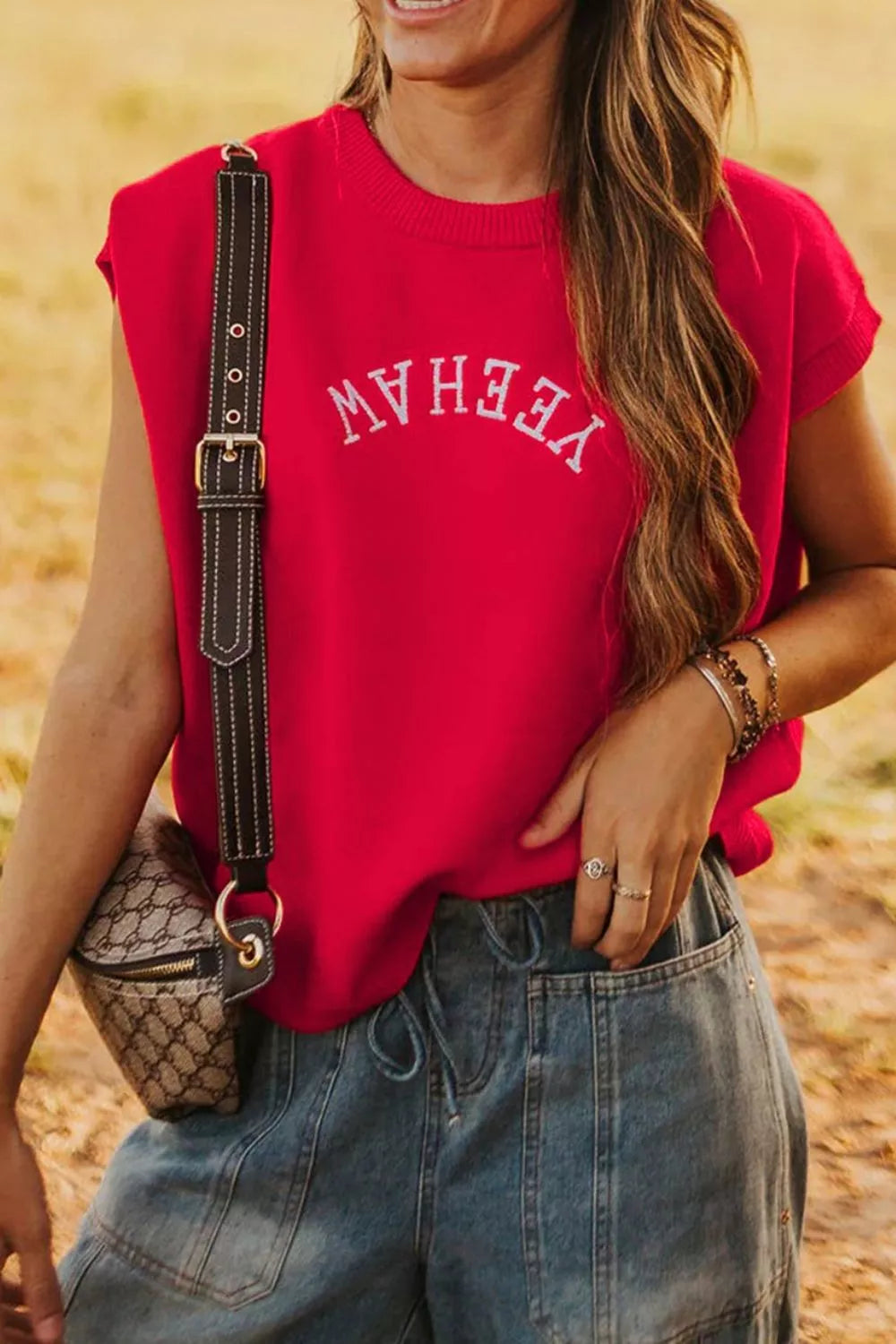 Letter Embroidered Sleeveless Knit Sweater Vest