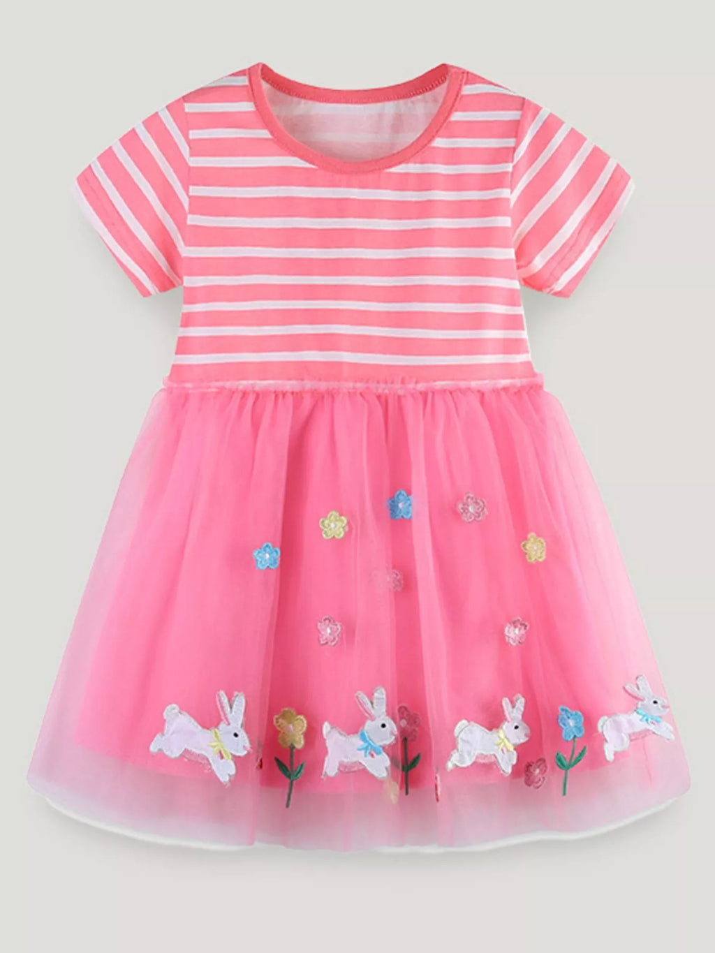 Children's Striped Tulle Dress with Bunny Applique