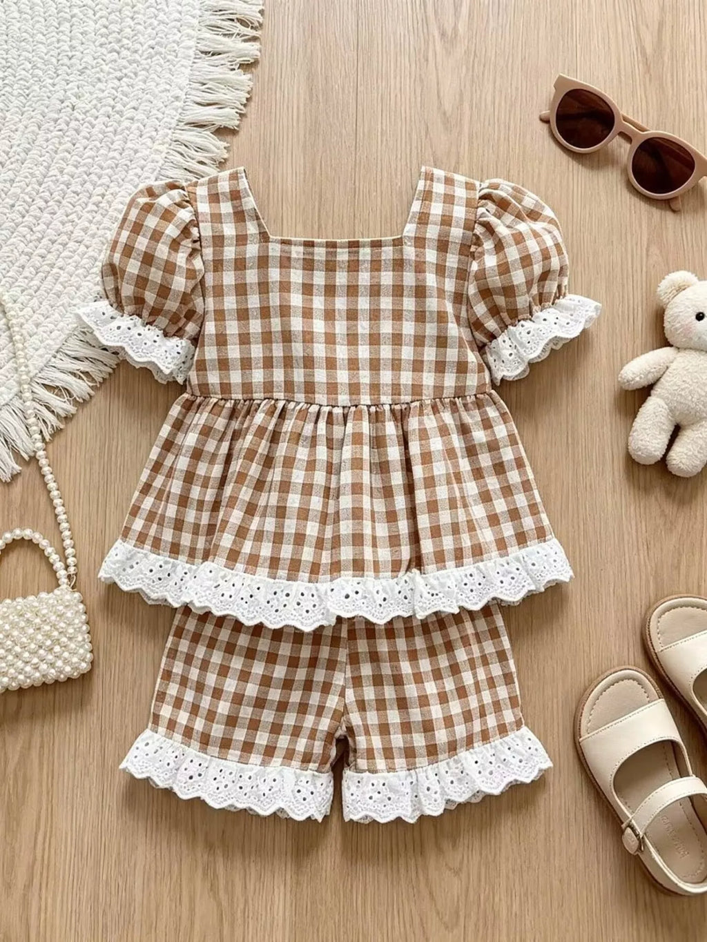 Children's Gingham Ruffle Trim Top and Shorts Set