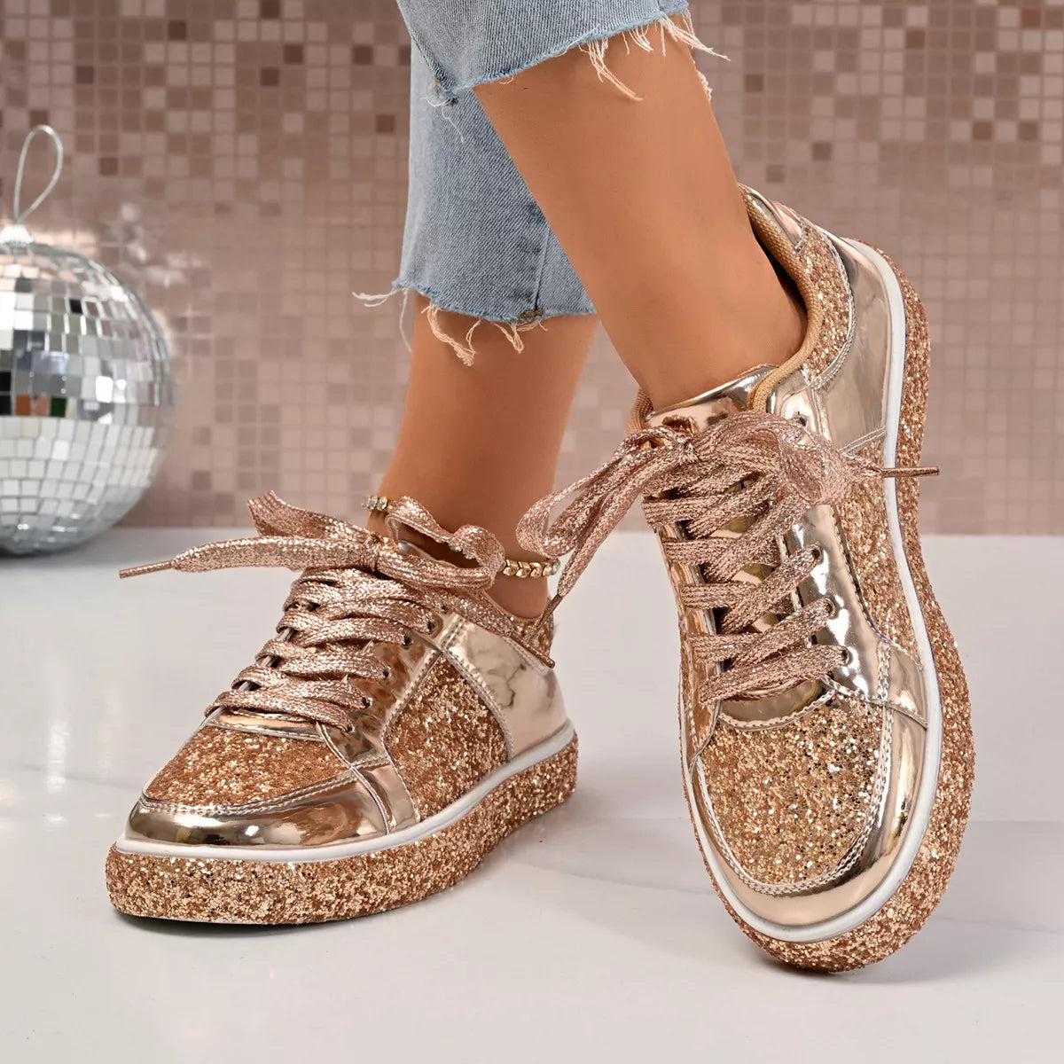 Sequin Lace Up Sneakers