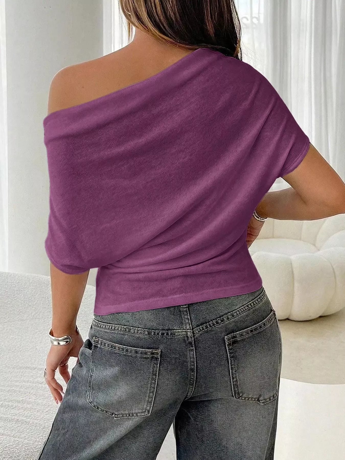 Off-Shoulder Ruched Knit T-Shirt