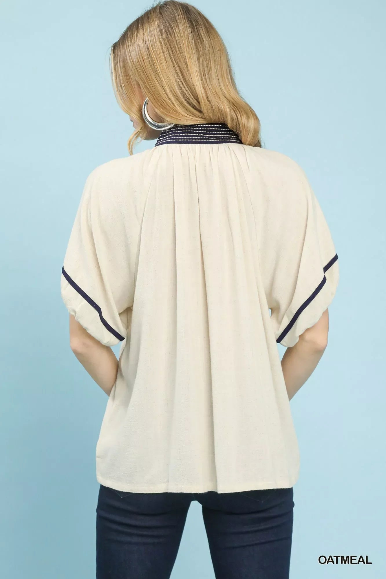 Umgee Linen Puff Sleeve Contrast Trim Top