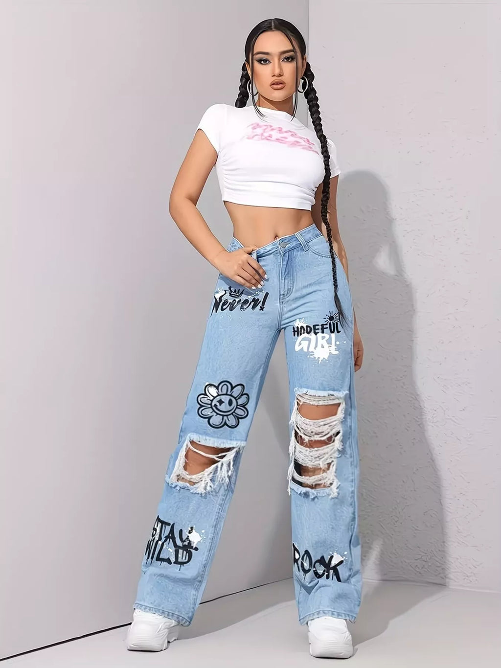 Graffiti Distressed Wide Leg Jeans