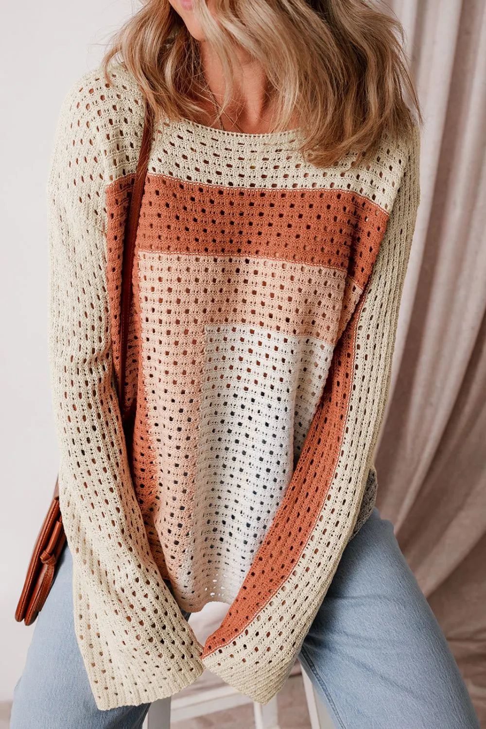 Openwork Color Block Long Sleeve Sweater