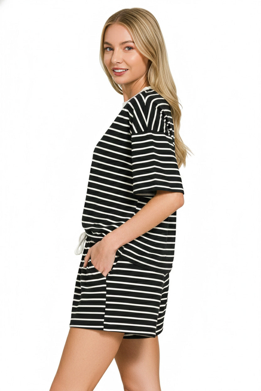 Zenana Striped Round Neck Tee & Shorts Set
